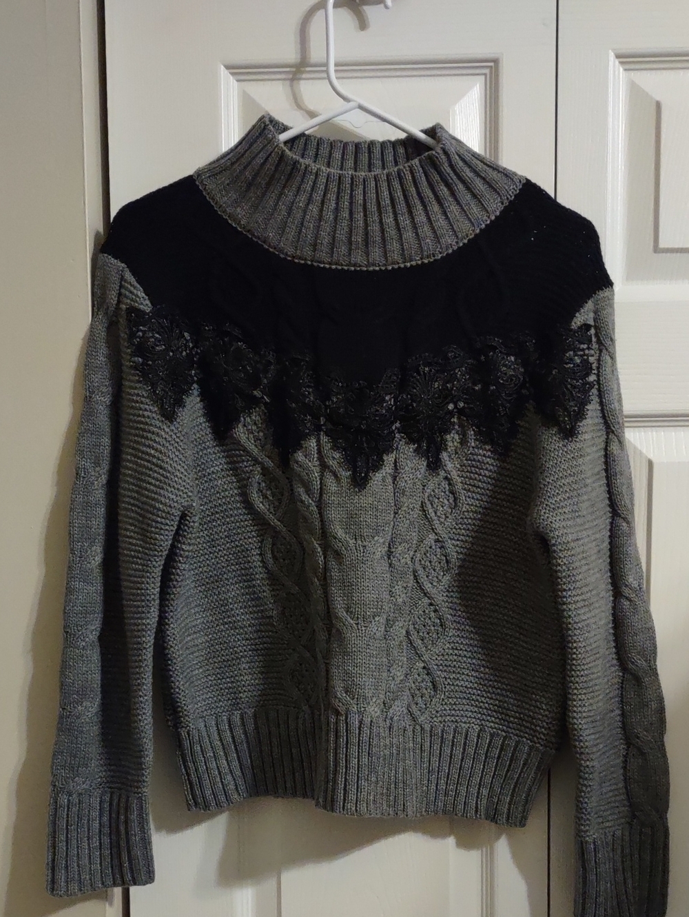 Gray Cable Knit Turtleneck Sweater with Black Lace Yoke